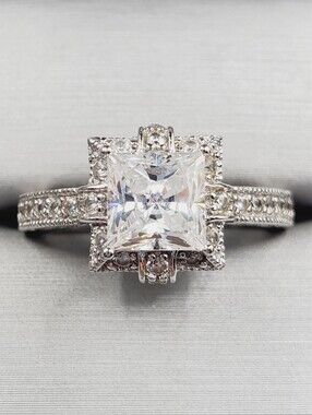 Princess Cut Diamond Simulant Halo Engagement Ring - 925 Sterling Silver
